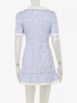 Robe courte fleurie pour femme - Robe d'été bleu clair style cottagecore à col Claudine et manches bouffantes - Idéale pour un pique-nique ou une soirée romantique en été (2026)