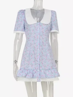 Robe courte fleurie pour femme - Robe d'été bleu clair style cottagecore à col Claudine et manches bouffantes - Idéale pour un pique-nique ou une soirée romantique en été (2026)