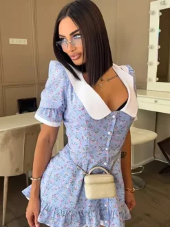 Robe courte fleurie pour femme - Robe d'été bleu clair style cottagecore à col Claudine et manches bouffantes - Idéale pour un pique-nique ou une soirée romantique en été (2026)