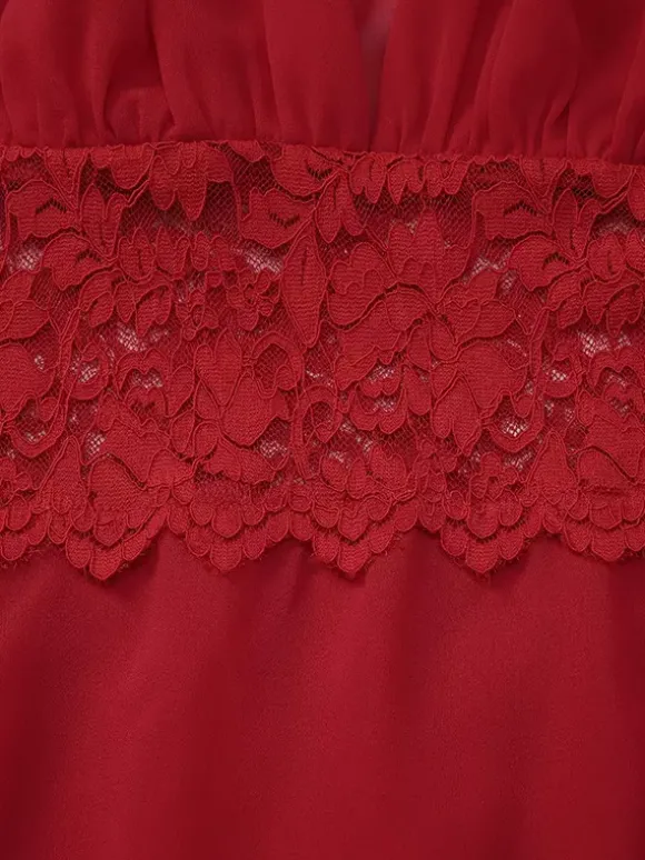 Robe courte patchwork en dentelle pour femme - Décolleté plongeant en V manches évasées taille empire - Idéale pour une soirée romantique à la plage au printemps 2026