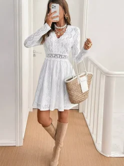 Robe courte pour femme manches longues col en V taille haute dentelle blanche décontractée