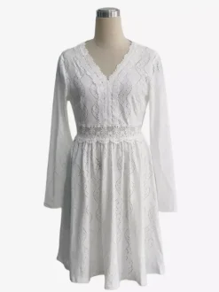 Robe courte pour femme manches longues col en V taille haute dentelle blanche décontractée