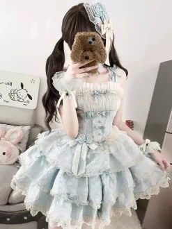 Robe courte Sweet Lolita JSK à volants et fleurs bleu ciel clair
