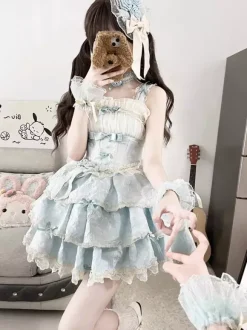 Robe courte Sweet Lolita JSK à volants et fleurs bleu ciel clair
