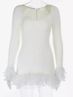 Robe courte texturée pour femme - Blanc crème coupe coquette poignets à volants - Idéale pour une soirée d'été à la plage (2026)