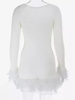 Robe courte texturée pour femme - Blanc crème coupe coquette poignets à volants - Idéale pour une soirée d'été à la plage (2026)