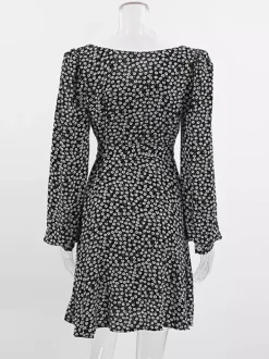 Robe courte vintage à fleurs pour femme - Manches bouffantes et ceinture - Col pointu - Tenue romantique pour une soirée en amoureux 2026