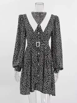 Robe courte vintage à fleurs pour femme - Manches bouffantes et ceinture - Col pointu - Tenue romantique pour une soirée en amoureux 2026
