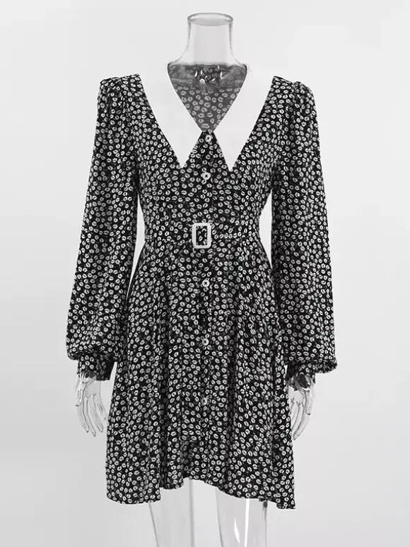 Robe courte vintage à fleurs pour femme - Manches bouffantes et ceinture - Col pointu - Tenue romantique pour une soirée en amoureux 2026