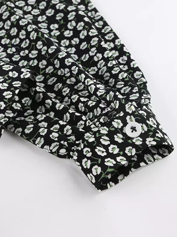 Robe courte vintage à fleurs pour femme - Manches bouffantes et ceinture - Col pointu - Tenue romantique pour une soirée en amoureux 2026
