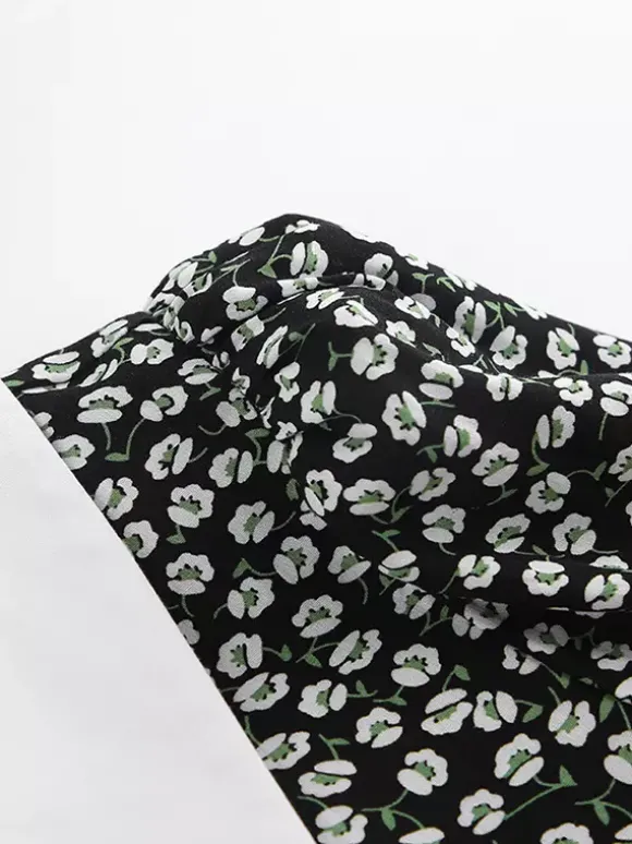 Robe courte vintage à fleurs pour femme - Manches bouffantes et ceinture - Col pointu - Tenue romantique pour une soirée en amoureux 2026
