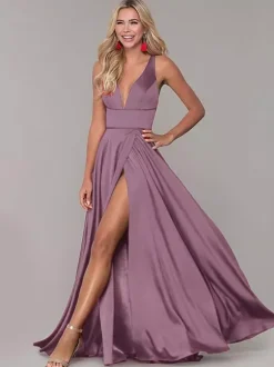 Robe cérémonie femme robe de soirée col V jupe fendue au sol