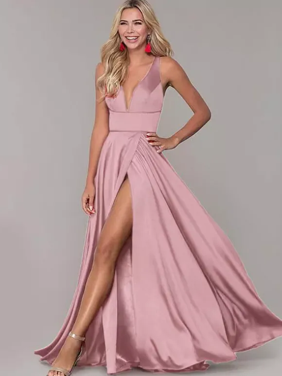 Robe cérémonie femme robe de soirée col V jupe fendue au sol