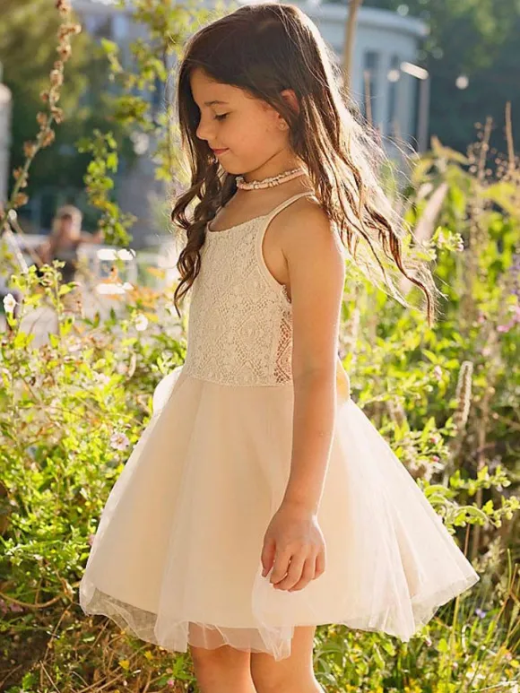 Robe cérémonie fille robe cortège enfant bohème blanche à bretelles en dentelle au genou