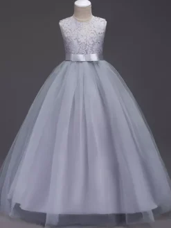 Robe cérémonie fille robe cortège enfant col rond décoré de noeud