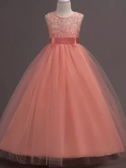 Robe cérémonie fille robe cortège enfant col rond décoré de noeud