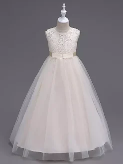 Robe cérémonie fille robe cortège enfant col rond décoré de noeud
