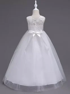Robe cérémonie fille robe cortège enfant col rond décoré de noeud