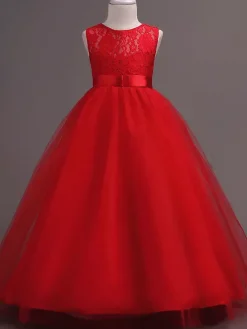 Robe cérémonie fille robe cortège enfant col rond décoré de noeud