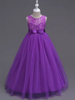 Robe cérémonie fille robe cortège enfant col rond décoré de noeud