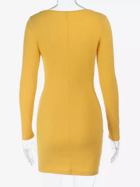 Robe côtelée à strass et fleurs pour femme - Robe moulante mini jaune à manches longues et col carré - Collection printemps-été 2026