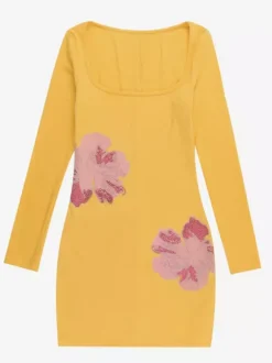 Robe côtelée à strass et fleurs pour femme - Robe moulante mini jaune à manches longues et col carré - Collection printemps-été 2026