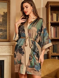 Robe décontractée à manches 3/4 imprimé floral oversize en mousseline avec ceinture.