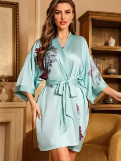 Robe décontractée à manches 3/4 imprimé floral oversize en mousseline avec ceinture.