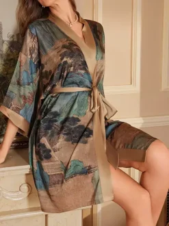 Robe décontractée à manches 3/4 imprimé floral oversize en mousseline avec ceinture.