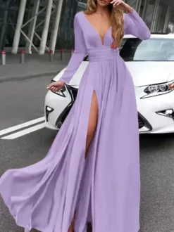 Robe de bal 2026 A-line col en v en soie élastique comme satin Robes de soirée plissées sur le devant à manches longues
