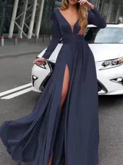 Robe de bal 2026 A-line col en v en soie élastique comme satin Robes de soirée plissées sur le devant à manches longues