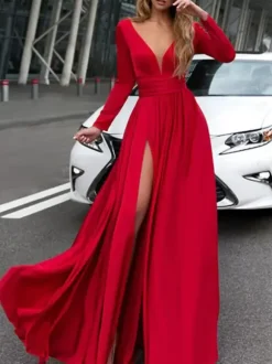 Robe de bal 2026 A-line col en v en soie élastique comme satin Robes de soirée plissées sur le devant à manches longues