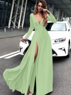 Robe de bal 2026 A-line col en v en soie élastique comme satin Robes de soirée plissées sur le devant à manches longues