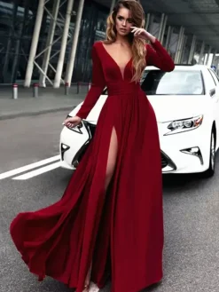 Robe de bal 2026 A-line col en v en soie élastique comme satin Robes de soirée plissées sur le devant à manches longues