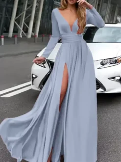 Robe de bal 2026 A-line col en v en soie élastique comme satin Robes de soirée plissées sur le devant à manches longues