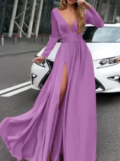 Robe de bal 2026 A-line col en v en soie élastique comme satin Robes de soirée plissées sur le devant à manches longues