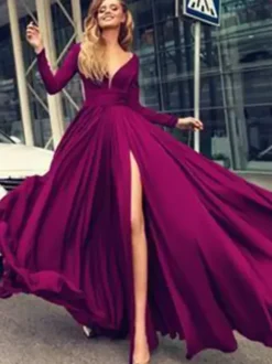 Robe de bal 2026 A-line col en v en soie élastique comme satin Robes de soirée plissées sur le devant à manches longues