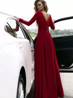 Robe de bal 2026 A-line col en v en soie élastique comme satin Robes de soirée plissées sur le devant à manches longues