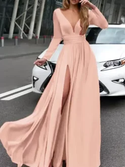 Robe de bal 2026 A-line col en v en soie élastique comme satin Robes de soirée plissées sur le devant à manches longues