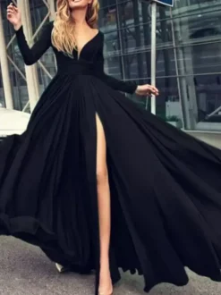 Robe de bal 2026 A-line col en v en soie élastique comme satin Robes de soirée plissées sur le devant à manches longues
