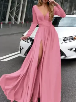 Robe de bal 2026 A-line col en v en soie élastique comme satin Robes de soirée plissées sur le devant à manches longues