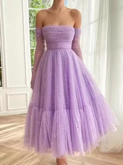 Robe de bal à paillettes col bateau tulle longueur cheville robe mi-longue