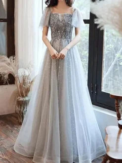 Robe de bal 2026 robe de bal marron épaules dénudées tulle manches courtes perlées longueur au sol robes de reconstitution historique robes d'invité de mariage personnalisation gratuite