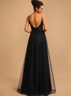 Robe de bal Col en V A-ligne Sans manches Paillettes Robes de soirée