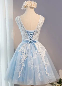 Robe de bal courte broderie en tulle bleu Robe de cérémonie