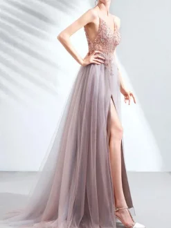 Robe de bal en dentelle col en V ligne a manches courtes robes de soirée