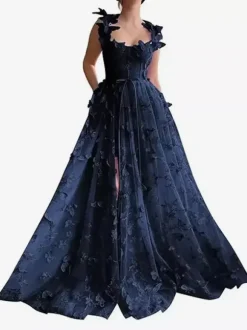 Robe de bal en dentelle florale décolleté en c艙ur coupe trapèze sans manches style papillon