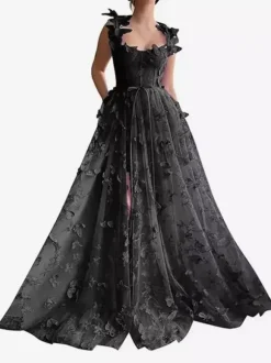 Robe de bal en dentelle florale décolleté en c艙ur coupe trapèze sans manches style papillon