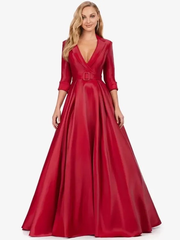 Robe de bal en tissu satiné col en V ligne a demi-manches ceinture robes de soirée