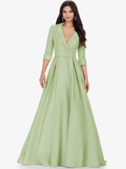 Robe de bal en tissu satiné col en V ligne a demi-manches ceinture robes de soirée